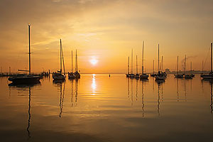 琵琶湖のヨットハーバーの朝日