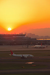 夕景の羽田空港と富士山
